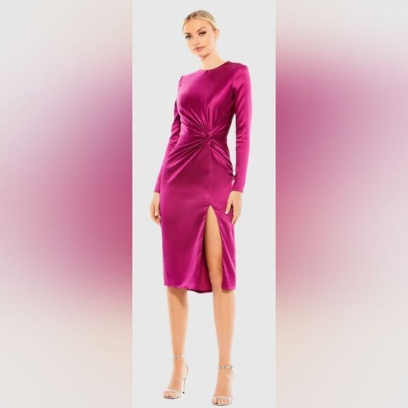 Mac Duggal 26675 Side Twist Long Sleeve Satin Midi Dress NWOT sz 4 Magenta Pink - Picture 1 of 6